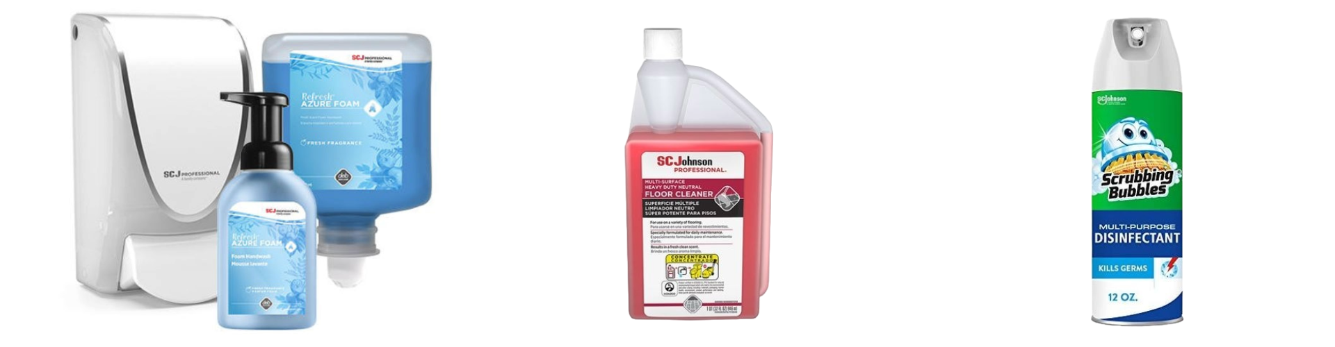  SC Johnson Professional 680081 Heavy Duty Neutral Floor Cleaner, Deb® AZU1L Refresh™ Azure Foam Handwash, and SC Johnson Professional Scrubbing Bubbles Spray Disinfectant